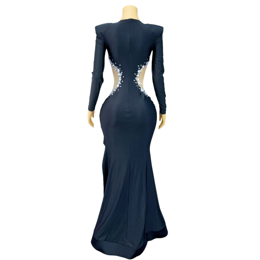 Wuyu Shoulder-padded Mermaid Dress with Openwork Detailing and High Slit