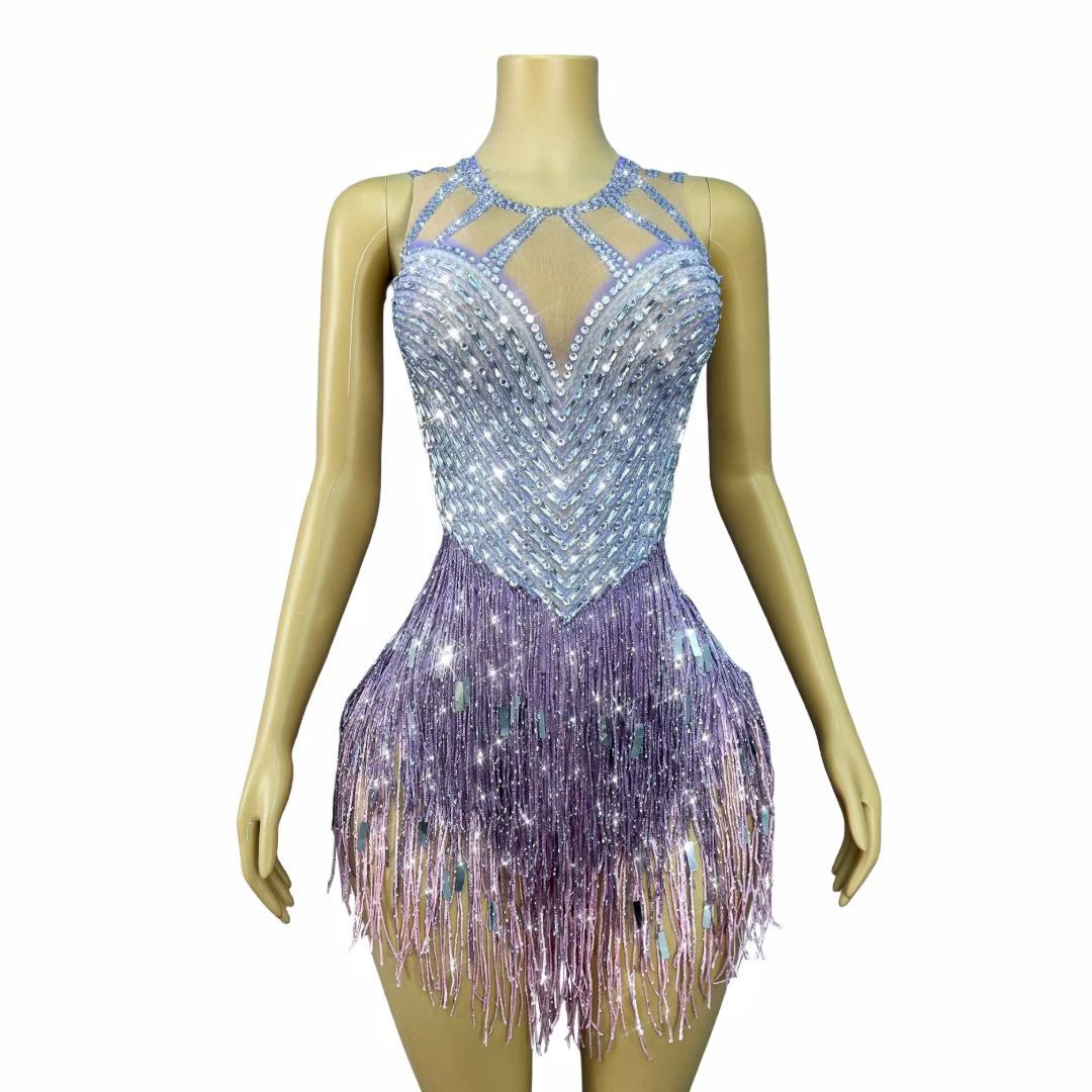 CELESINYI Piaoliu Crystal Lavender Fringe Mini Dress