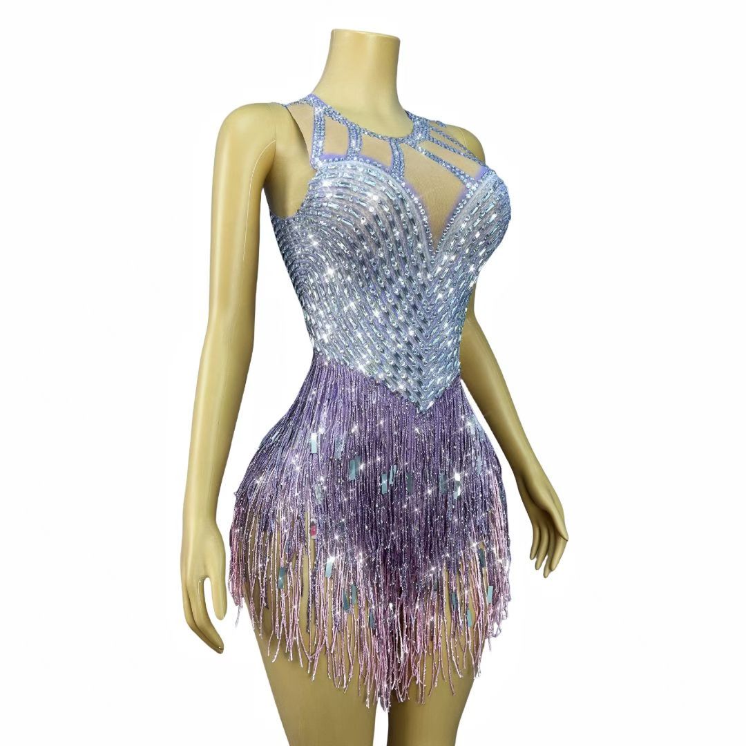 CELESINYI Piaoliu Crystal Lavender Fringe Mini Dress