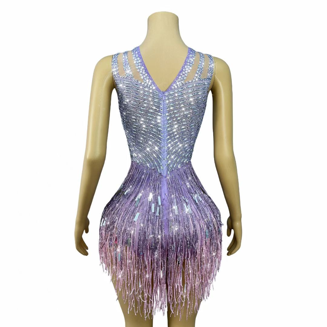 CELESINYI Piaoliu Crystal Lavender Fringe Mini Dress