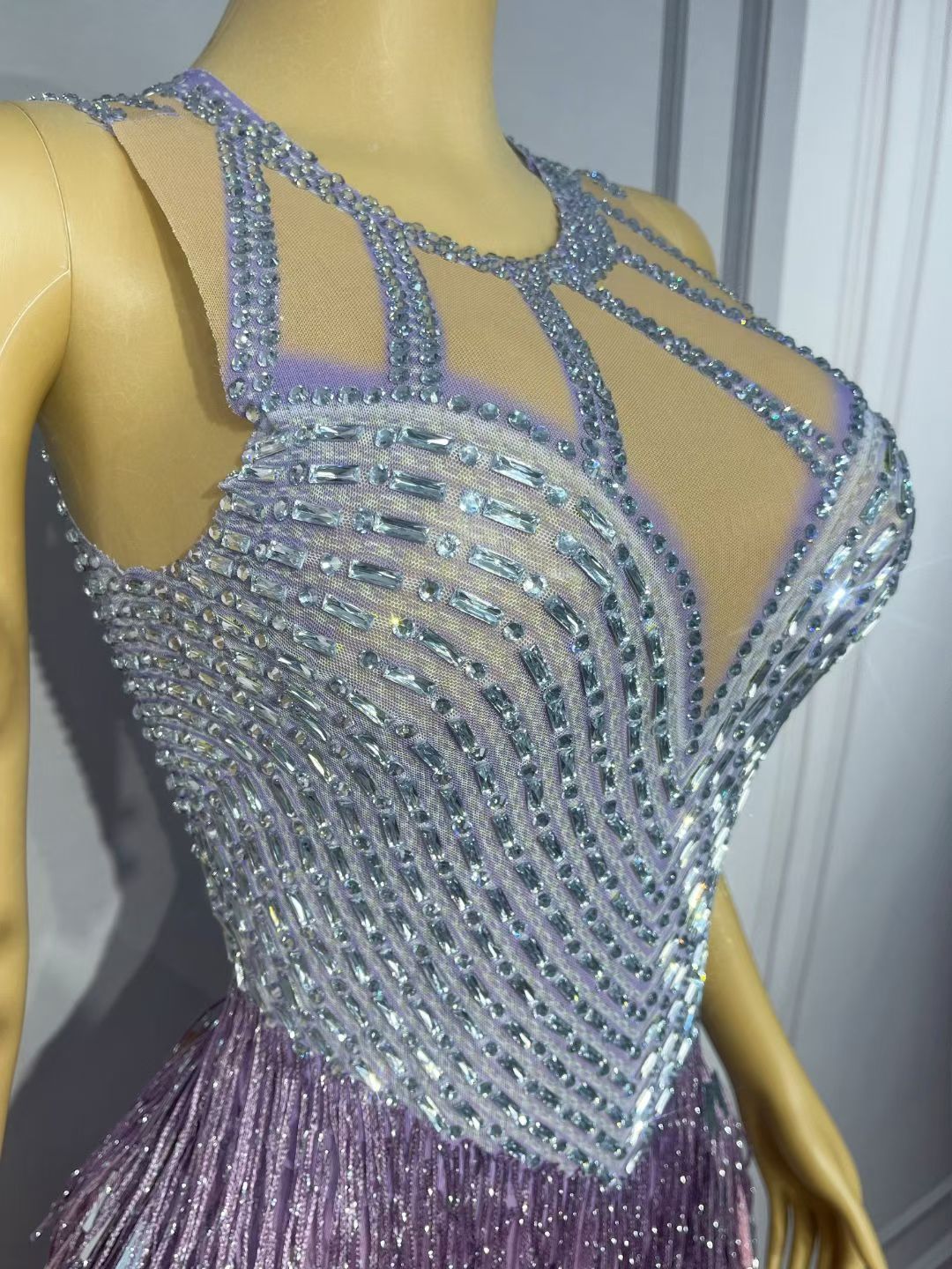 CELESINYI Piaoliu Crystal Lavender Fringe Mini Dress