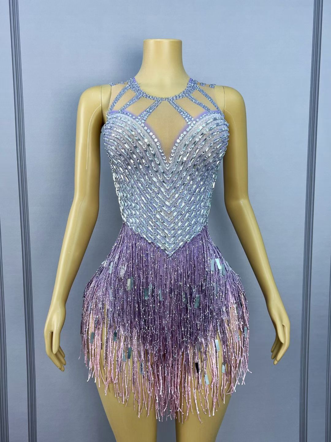 CELESINYI Piaoliu Crystal Lavender Fringe Mini Dress
