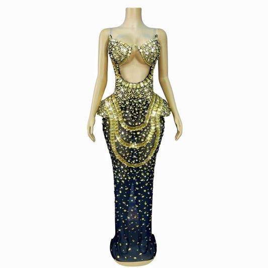 Hongguan Hollow-out Gold Diamonds Long Prom Dresses