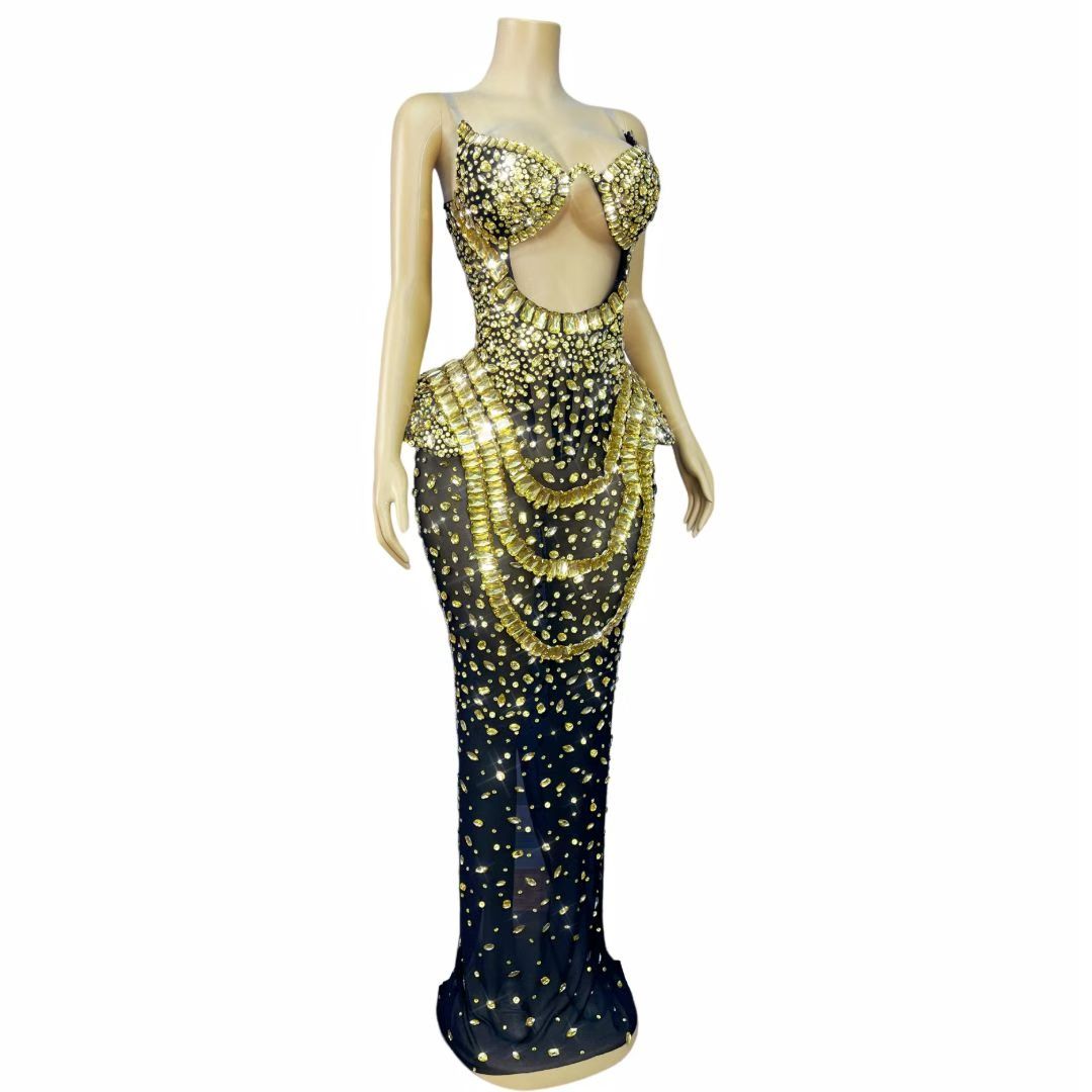 Hongguan Hollow-out Gold Diamonds Long Prom Dresses