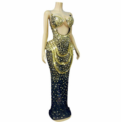 Hongguan Hollow-out Gold Diamonds Long Prom Dresses