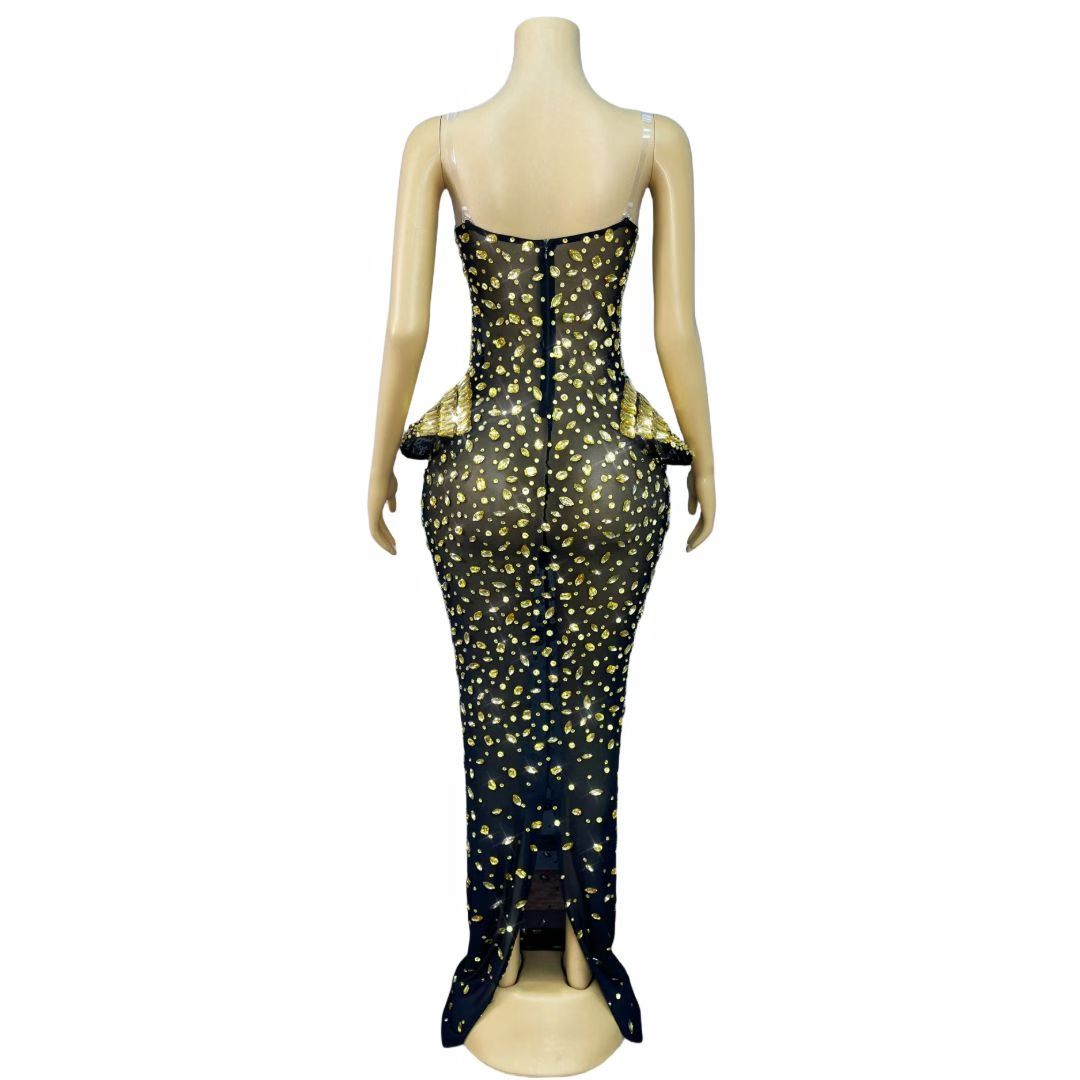 Hongguan Hollow-out Gold Diamonds Long Prom Dresses