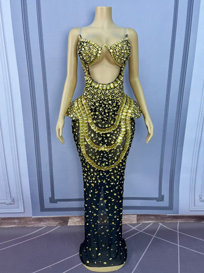 Hongguan Hollow-out Gold Diamonds Long Prom Dresses