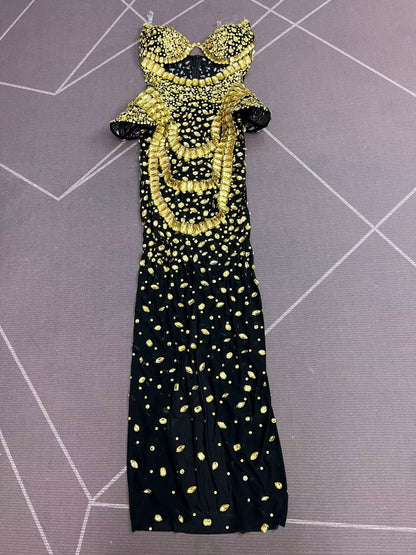 Hongguan Hollow-out Gold Diamonds Long Prom Dresses