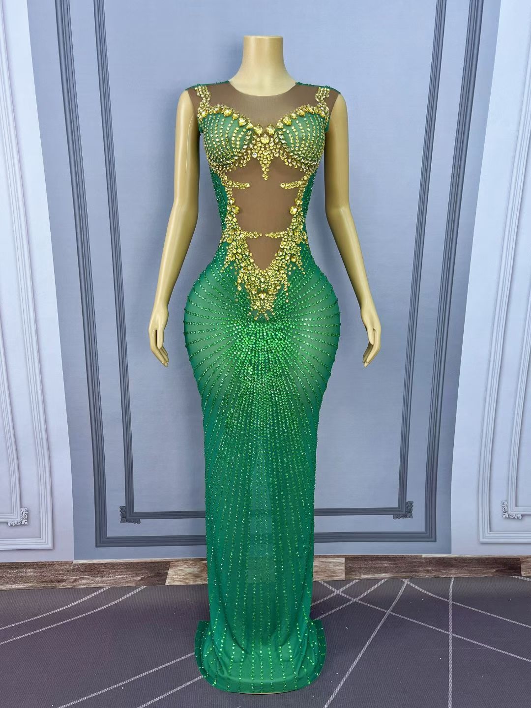 CELESINYI Chijin Crystal Green Gold Gown