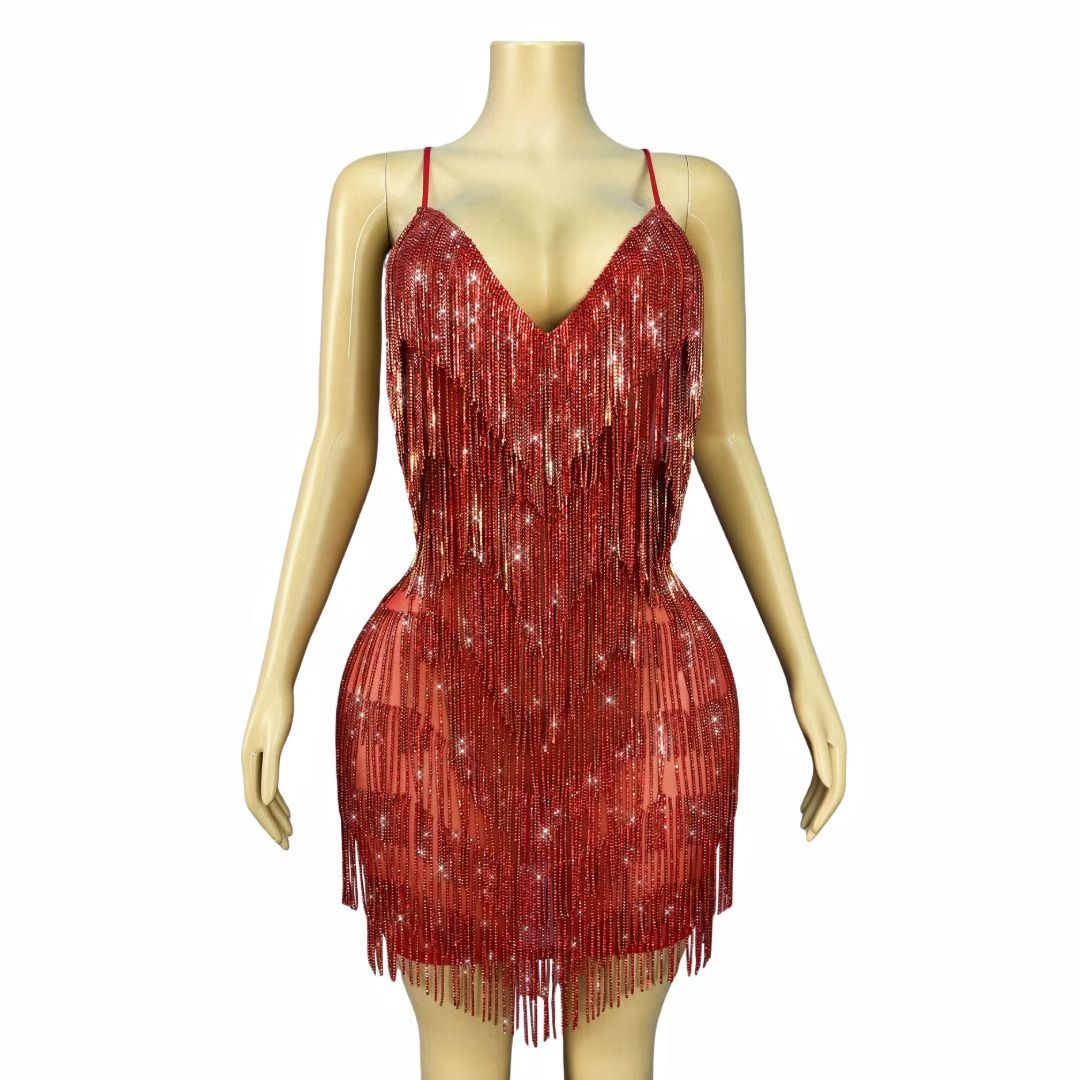 CELESINYI Tiaoyuan Crystal Red Fringe Mini Dress