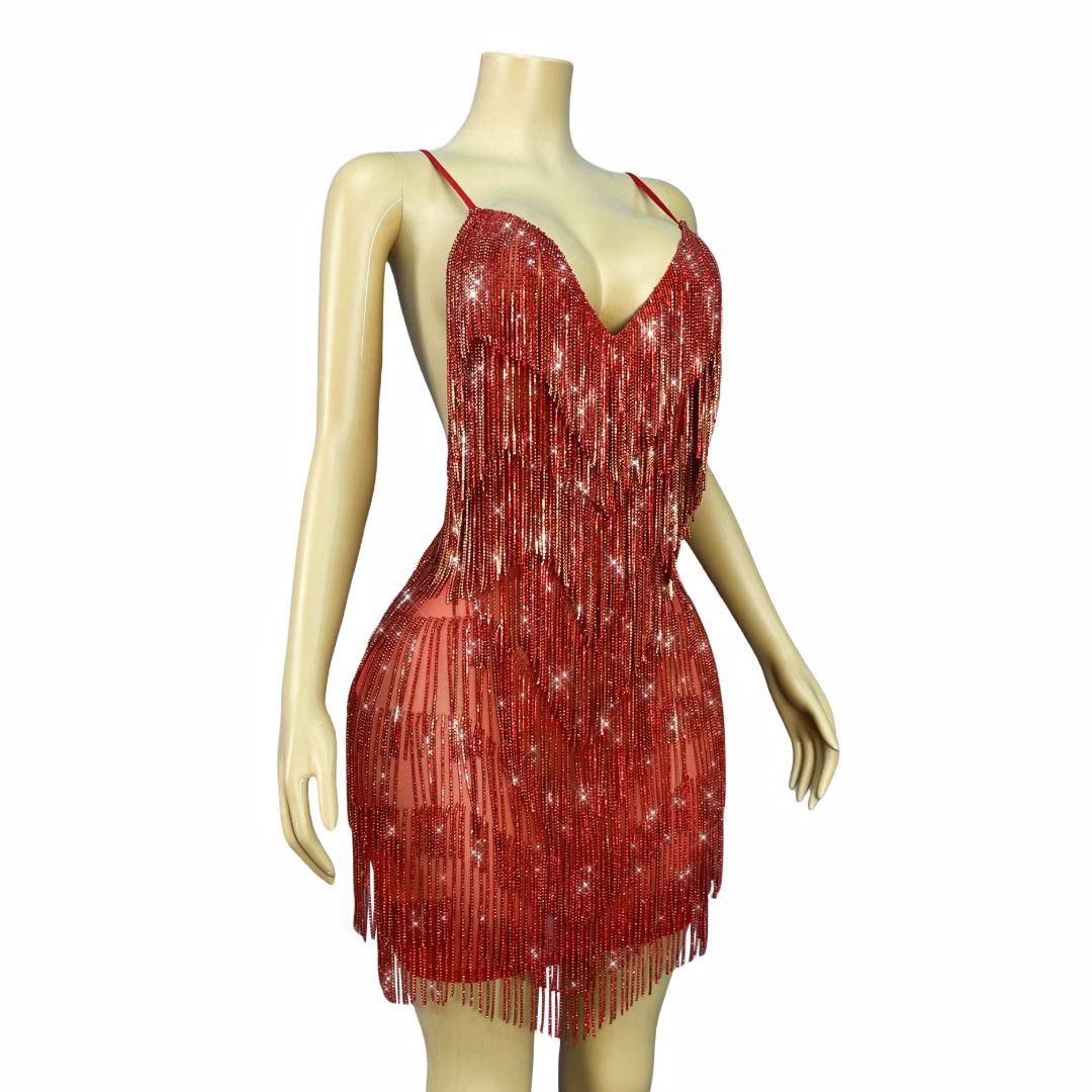 CELESINYI Tiaoyuan Crystal Red Fringe Mini Dress