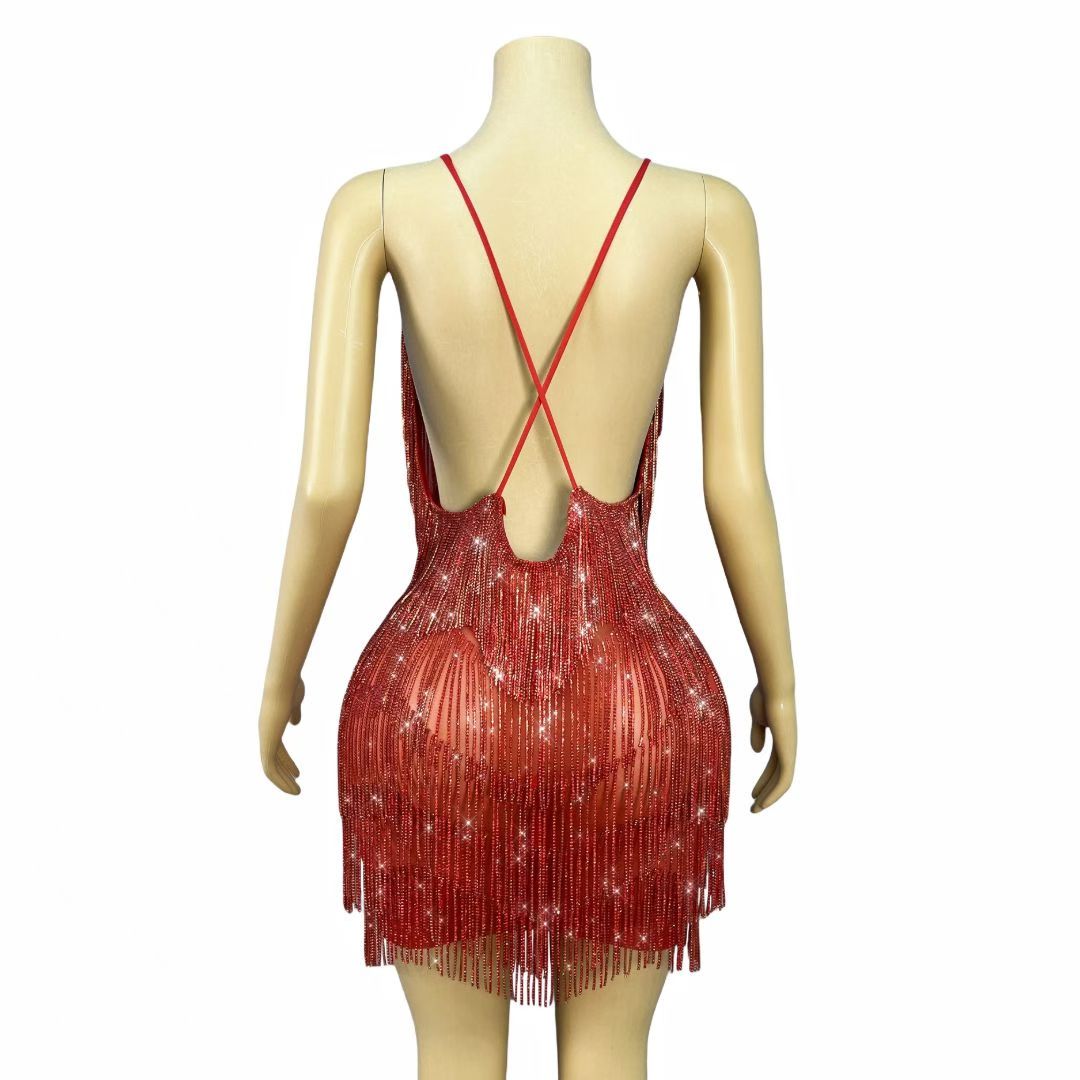CELESINYI Tiaoyuan Crystal Red Fringe Mini Dress