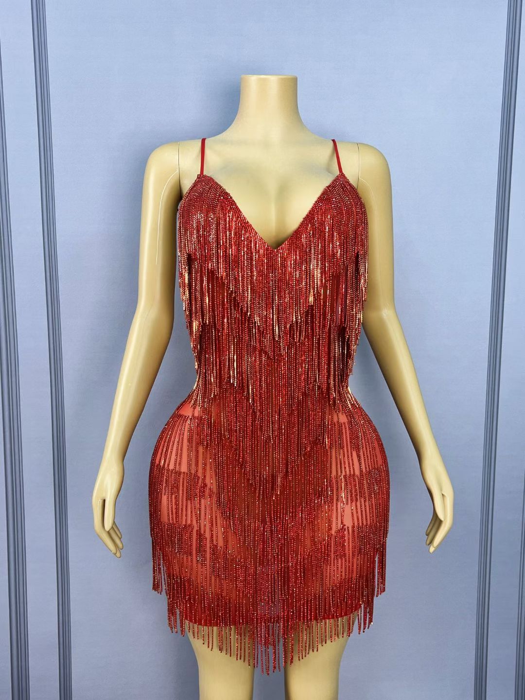 CELESINYI Tiaoyuan Crystal Red Fringe Mini Dress