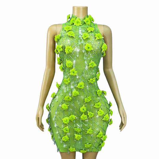 Lvguang Full Green Crystal Pendant Dress
