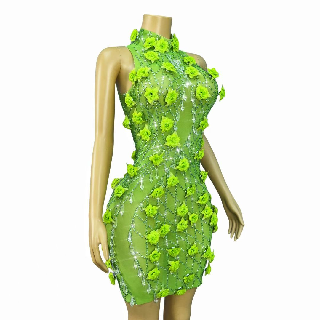 Lvguang Full Green Crystal Pendant Dress