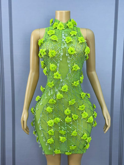 Lvguang Full Green Crystal Pendant Dress