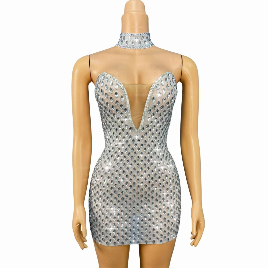 Manmayan Strapless rhinestone sheer mini dress with choker
