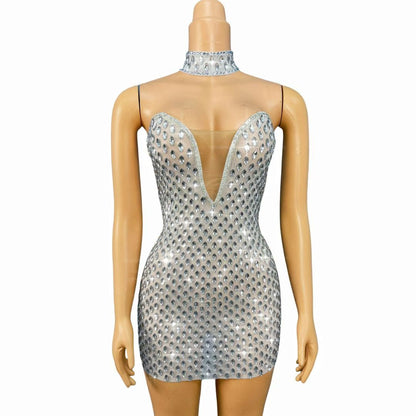 Manmayan Strapless rhinestone sheer mini dress with choker