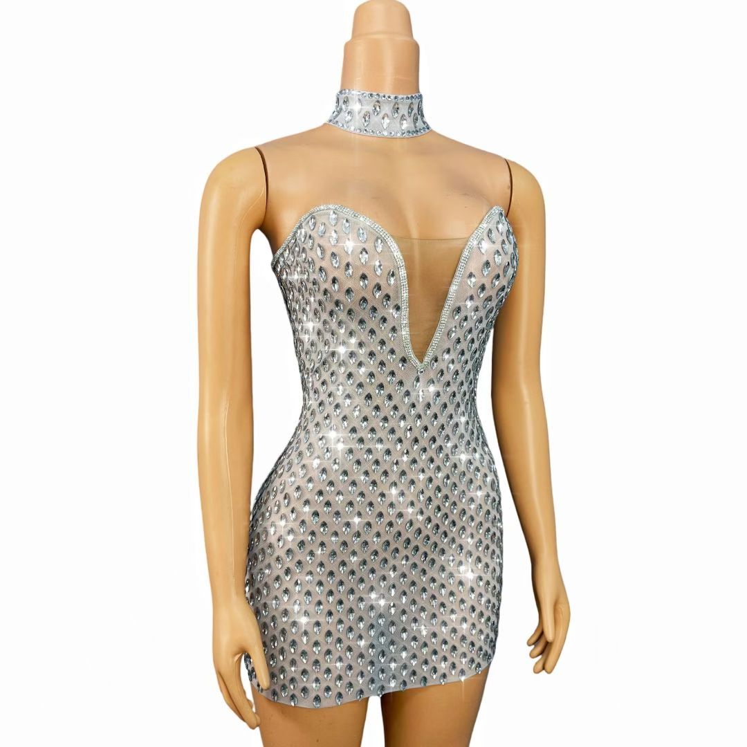 Manmayan Strapless rhinestone sheer mini dress with choker