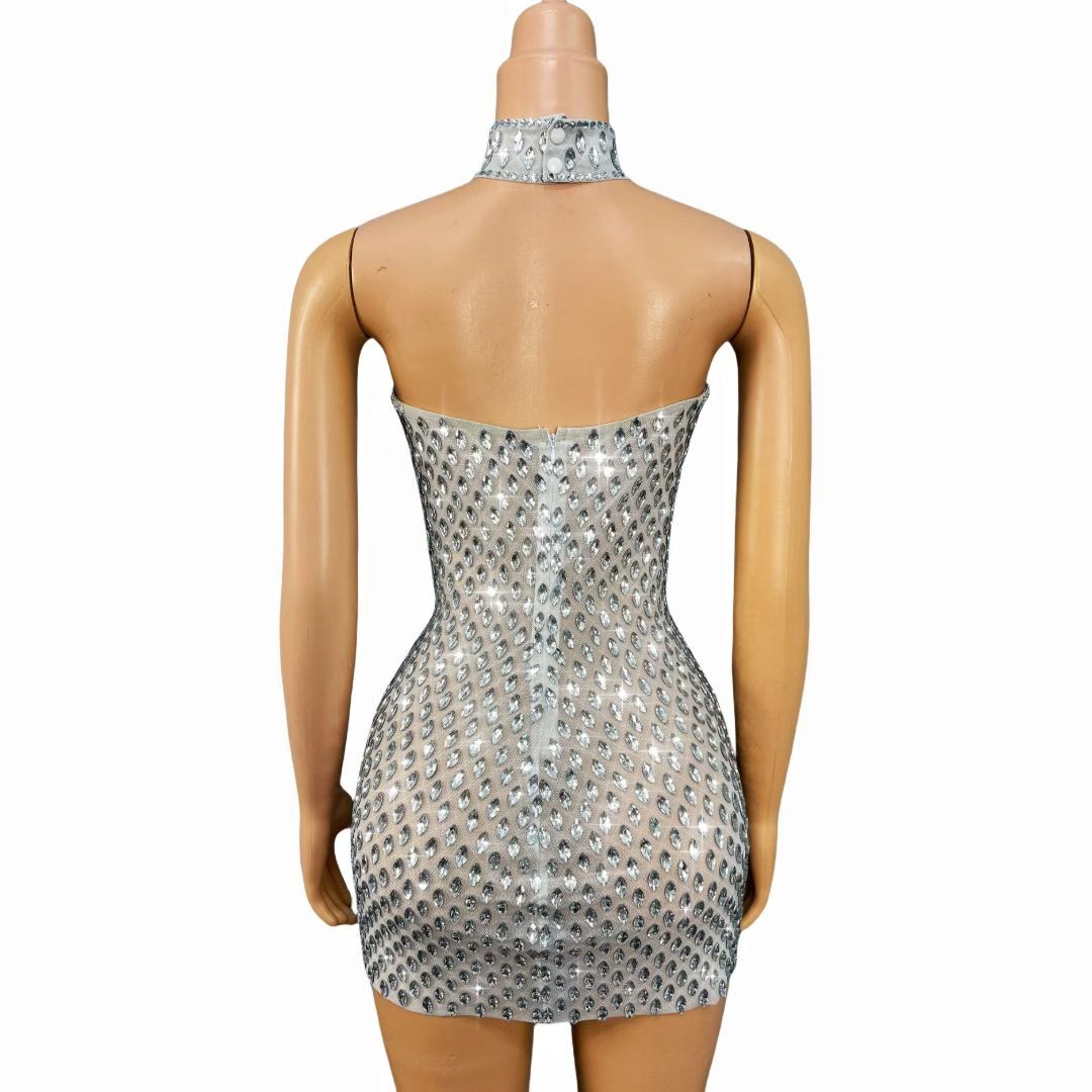 Manmayan Strapless rhinestone sheer mini dress with choker