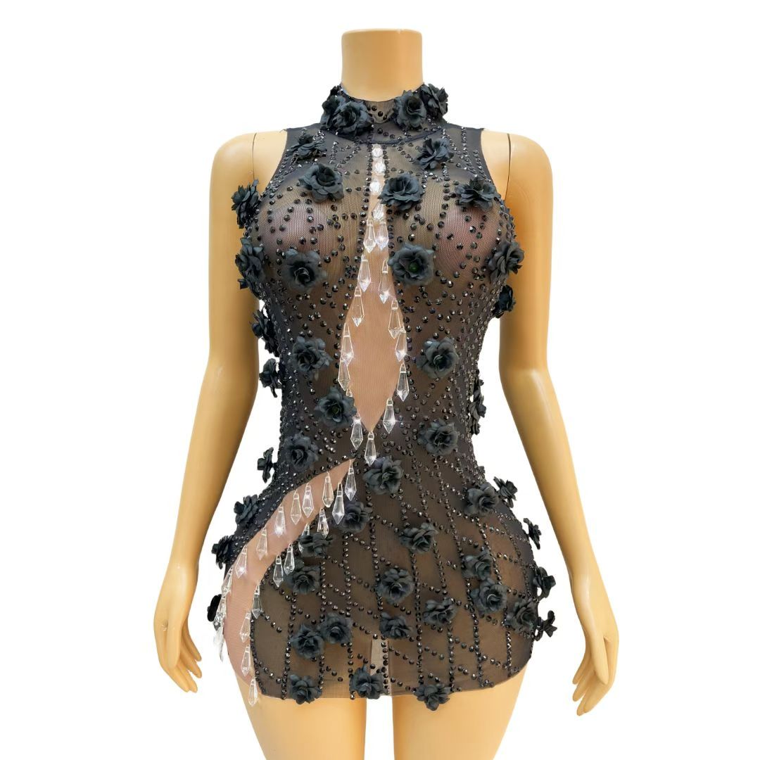 Heiguang Balck Floral Crystal Pendant Dress