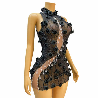 Heiguang Balck Floral Crystal Pendant Dress