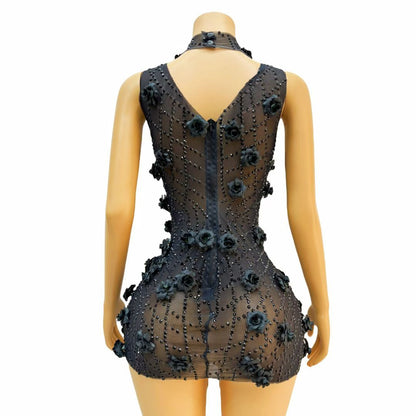 Heiguang Balck Floral Crystal Pendant Dress