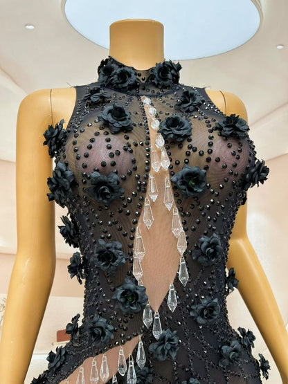 Heiguang Balck Floral Crystal Pendant Dress