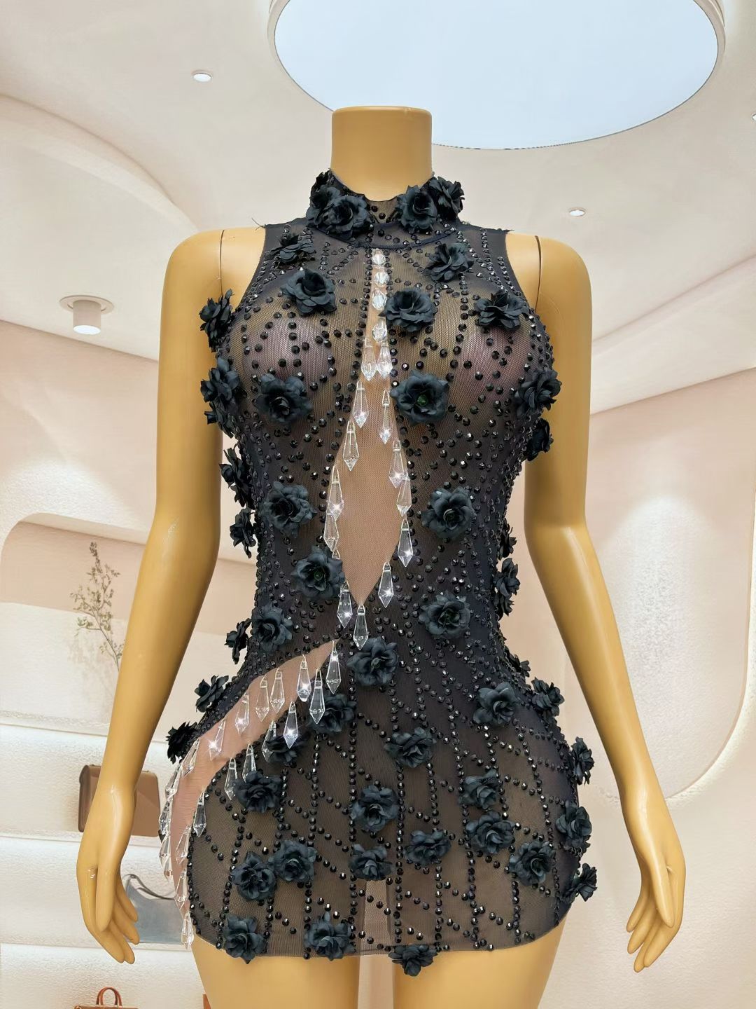 Heiguang Balck Floral Crystal Pendant Dress