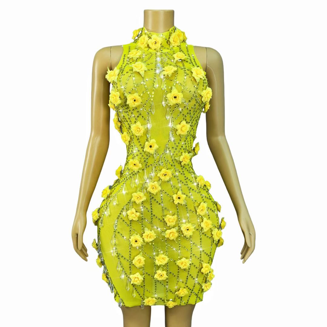 Huangguang Yellow Crystal Pendant Dress