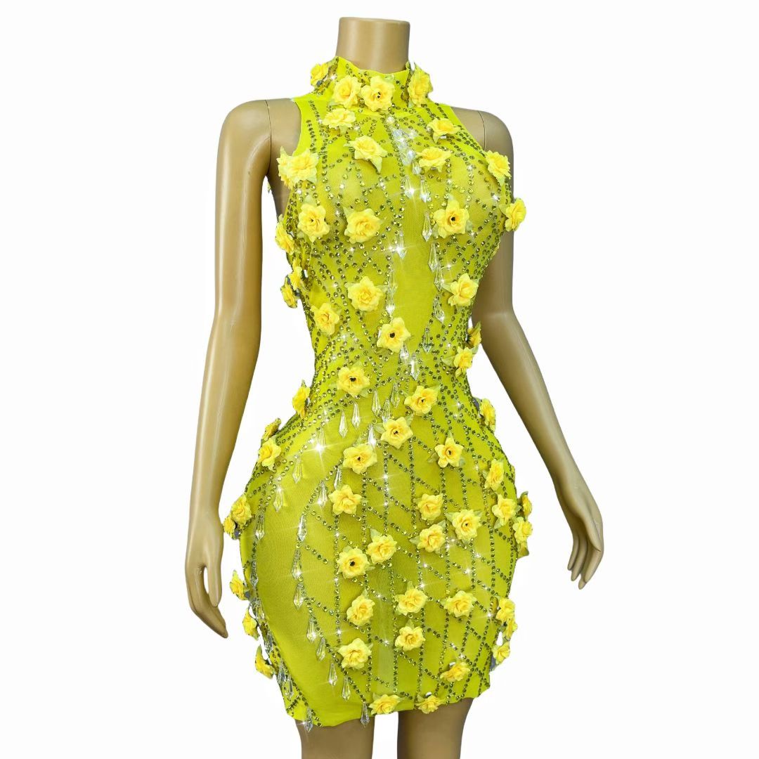 Huangguang Yellow Crystal Pendant Dress