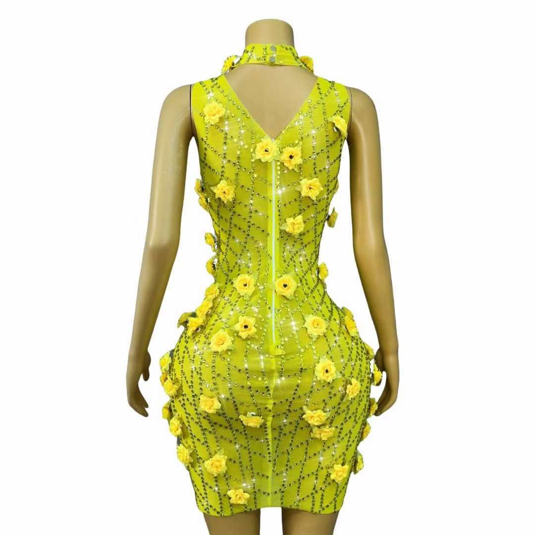 Huangguang Yellow Crystal Pendant Dress