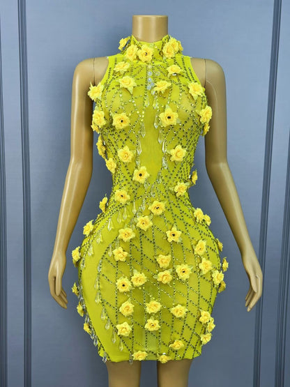 Huangguang Yellow Crystal Pendant Dress