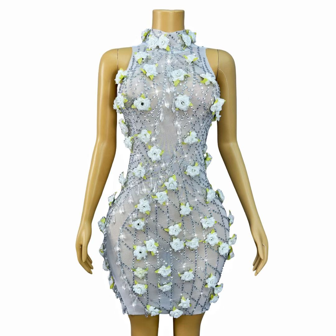 Baiguang White Floral Crystal Pendant Dress