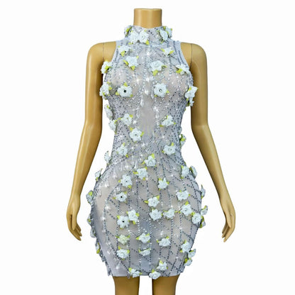 Baiguang White Floral Crystal Pendant Dress