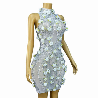 Baiguang White Floral Crystal Pendant Dress