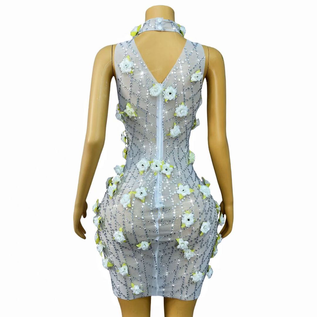 Baiguang White Floral Crystal Pendant Dress