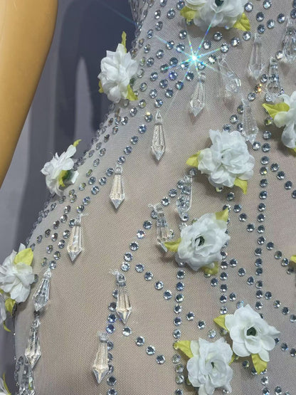 Baiguang White Floral Crystal Pendant Dress