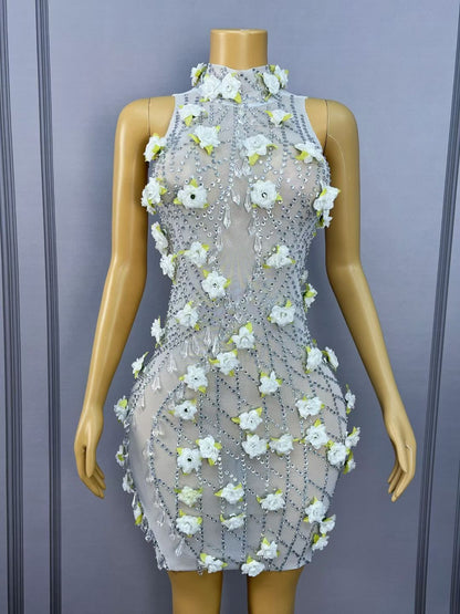 Baiguang White Floral Crystal Pendant Dress