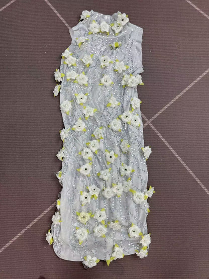 Baiguang White Floral Crystal Pendant Dress