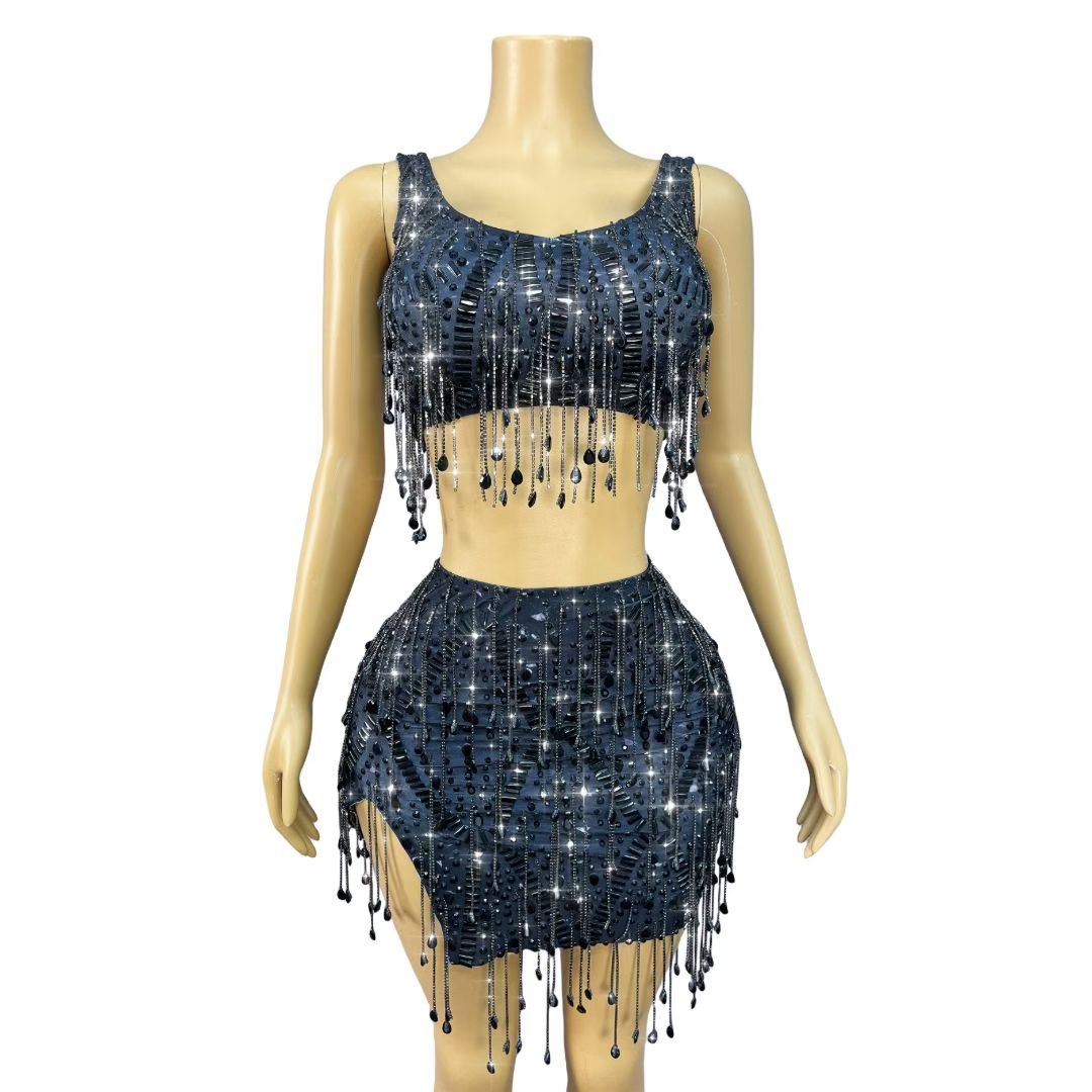 CELESINYI Caodi Crystal Black Fringe Set