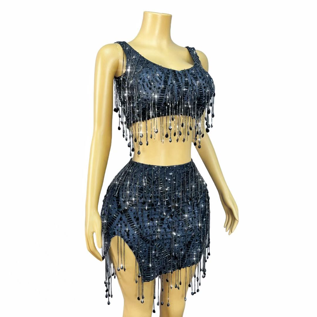 CELESINYI Caodi Crystal Black Fringe Set