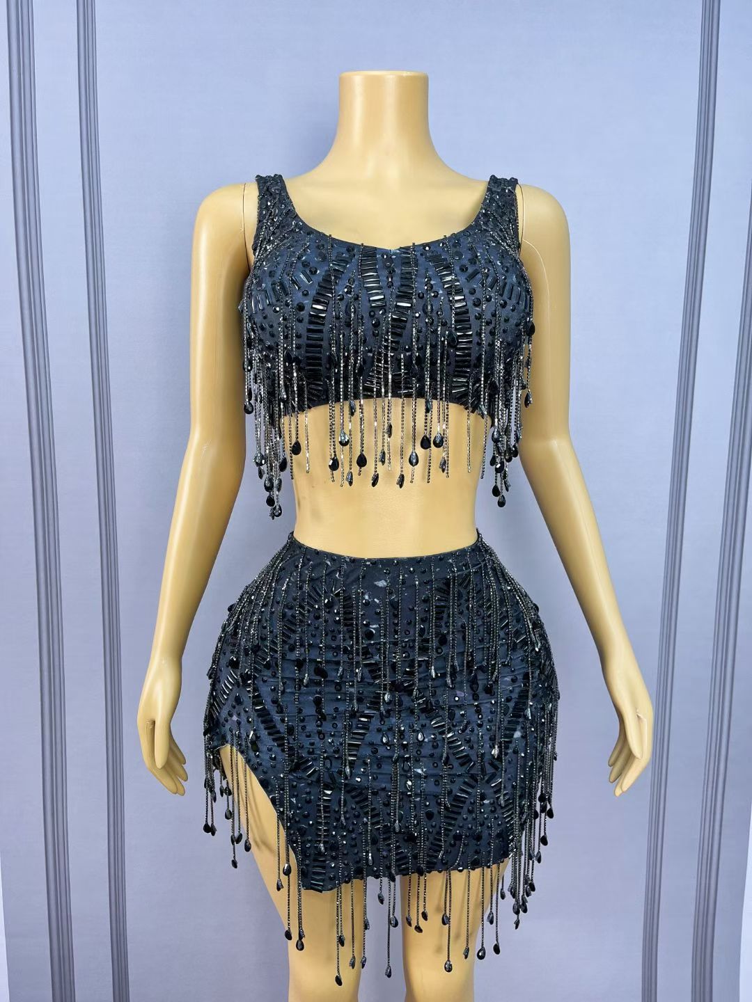 CELESINYI Caodi Crystal Black Fringe Set