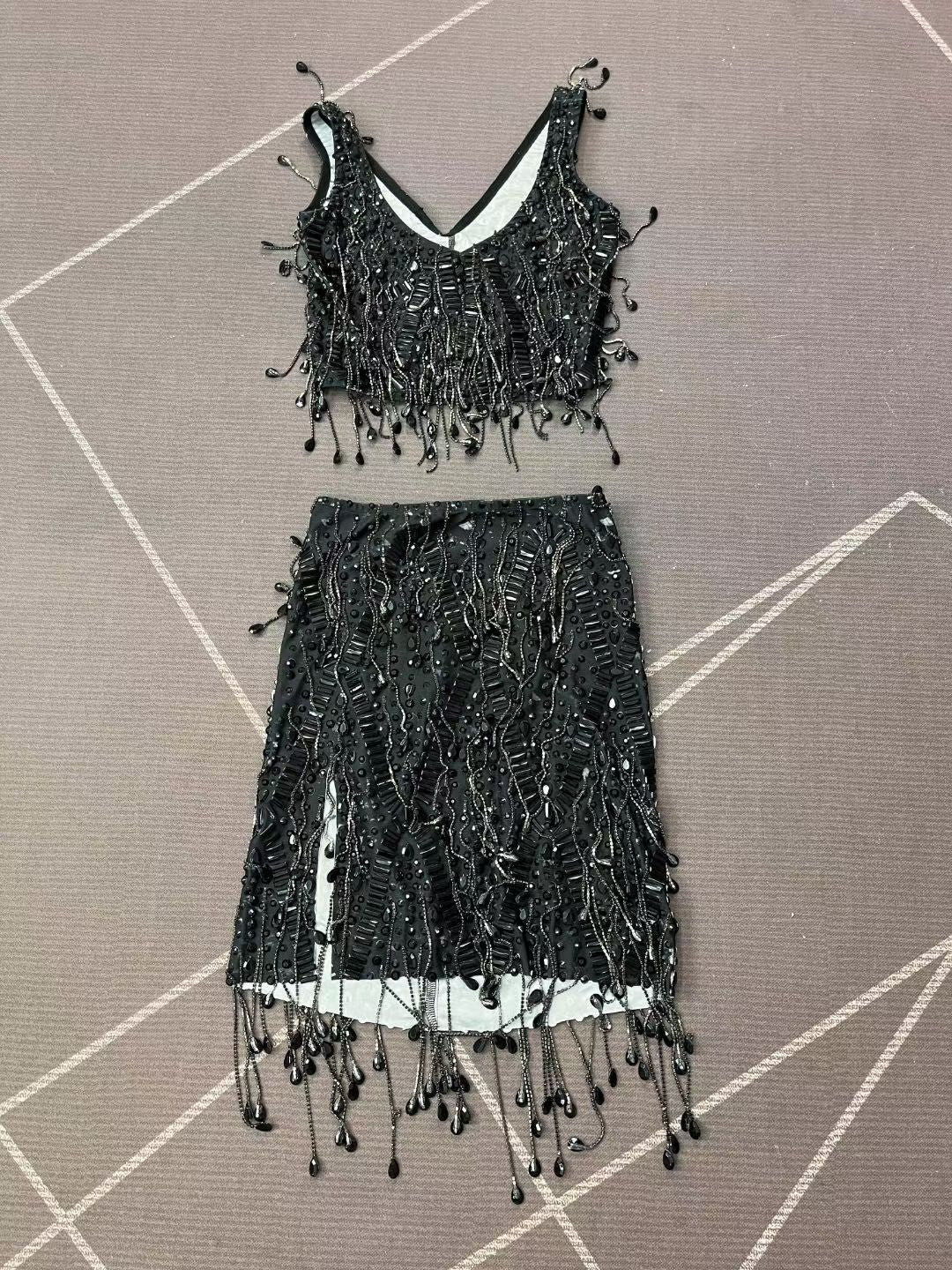 CELESINYI Caodi Crystal Black Fringe Set