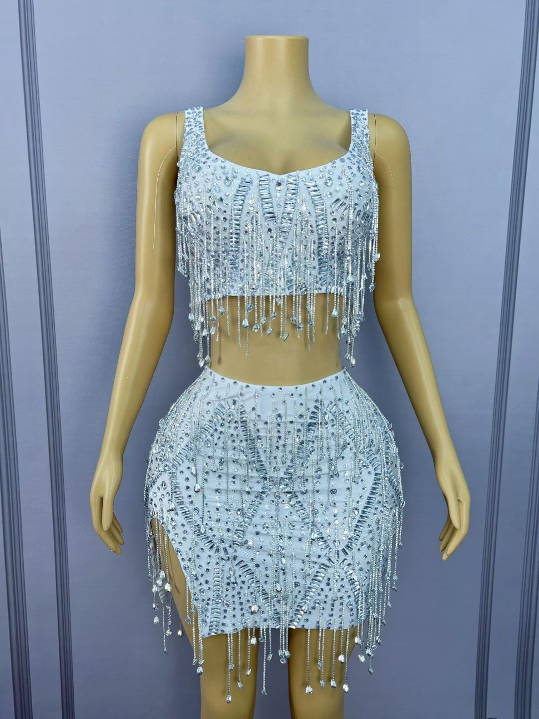 CELESINYI Caodi Crystal White Fringe Set