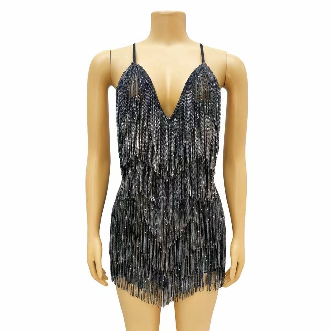 CELESINYI Tiaoyuan Crystal Black Fringe Mini Dress