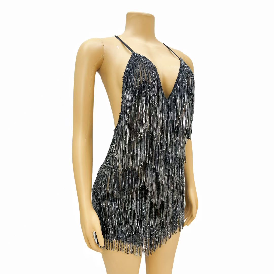 CELESINYI Tiaoyuan Crystal Black Fringe Mini Dress
