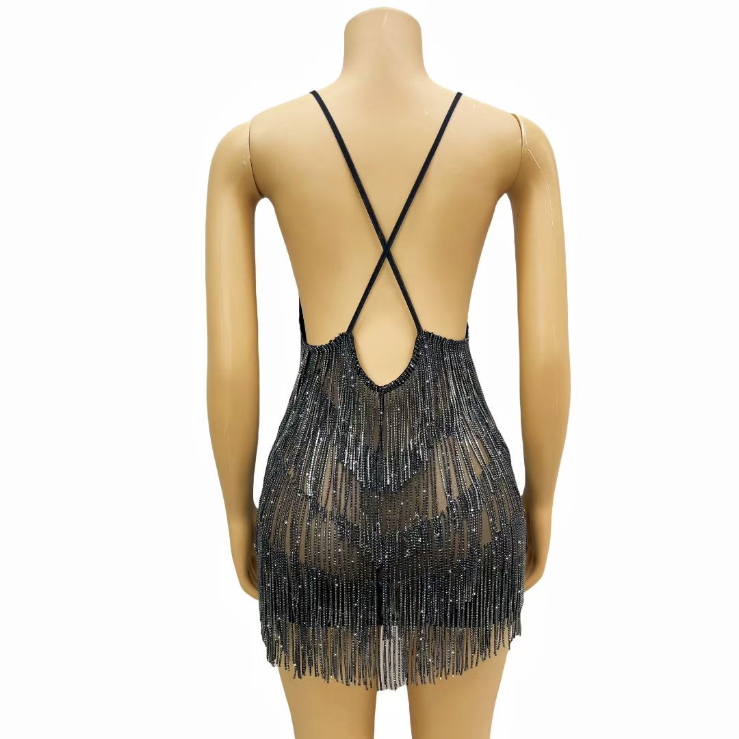 CELESINYI Tiaoyuan Crystal Black Fringe Mini Dress