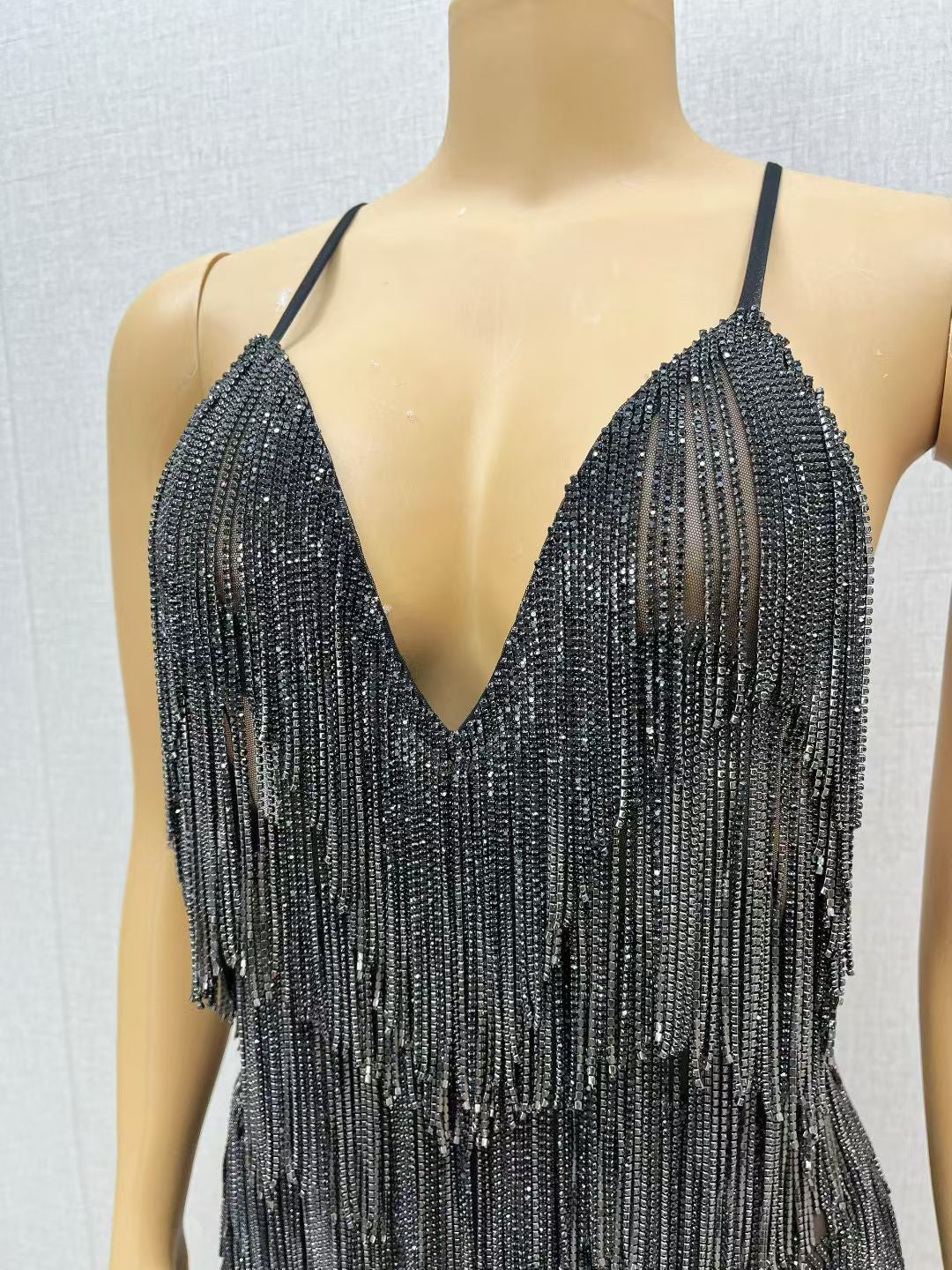 CELESINYI Tiaoyuan Crystal Black Fringe Mini Dress
