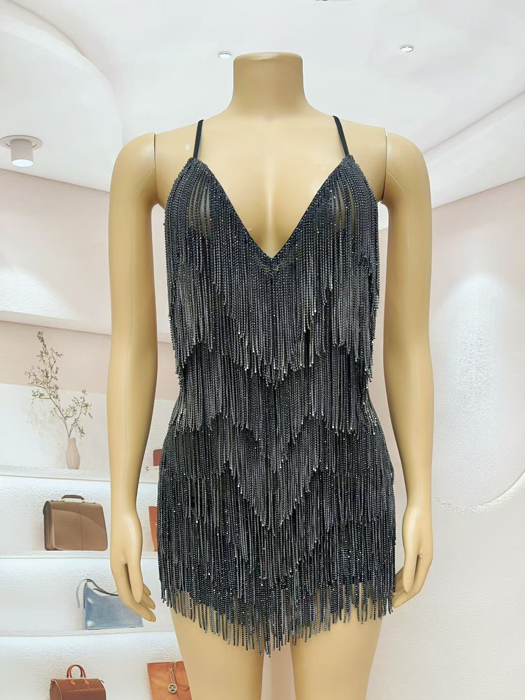 CELESINYI Tiaoyuan Crystal Black Fringe Mini Dress